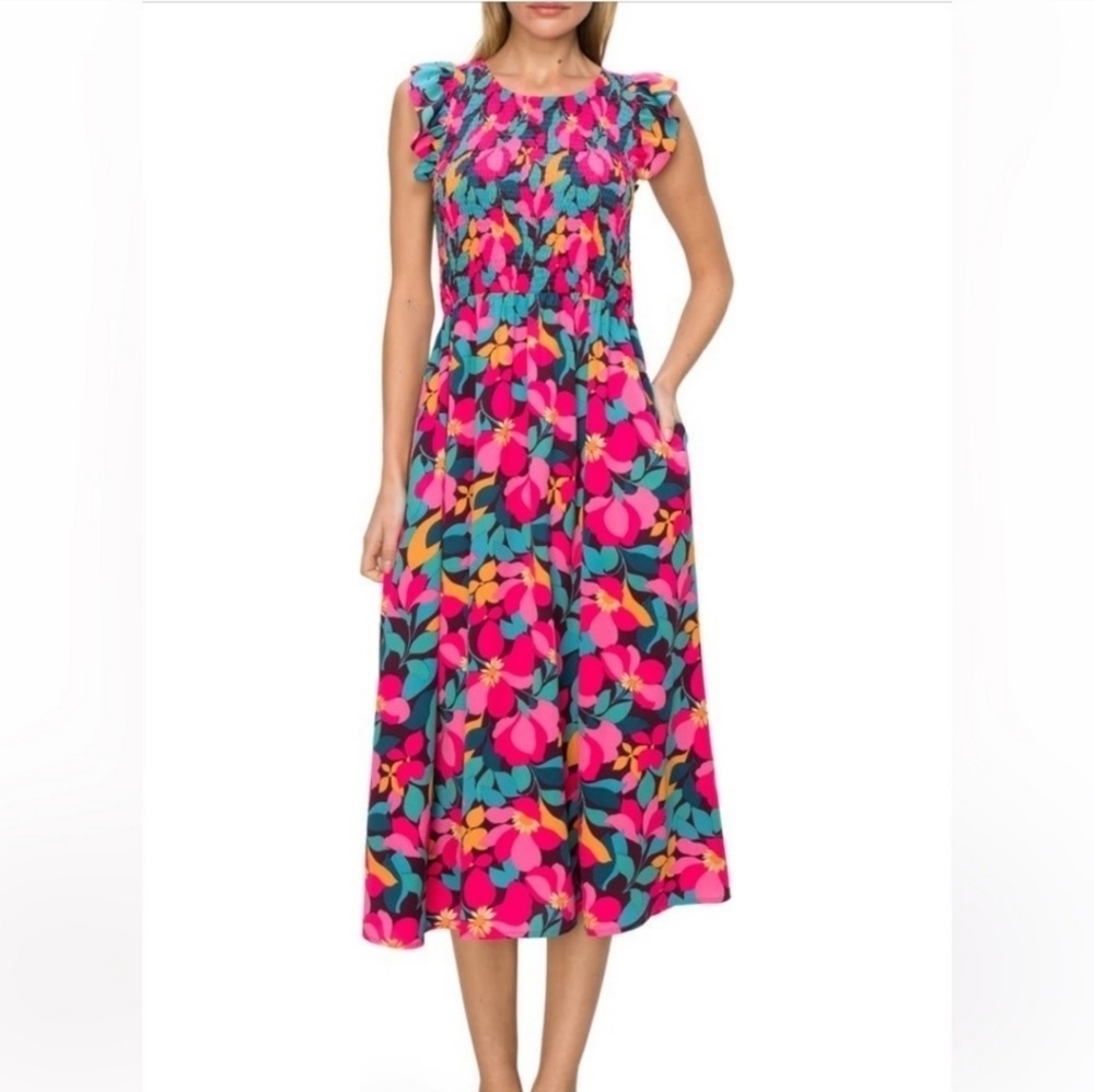 Anthropologie MELLODAY Pink and Blue Ruffled Smocked Maxi Dress, Size Medium